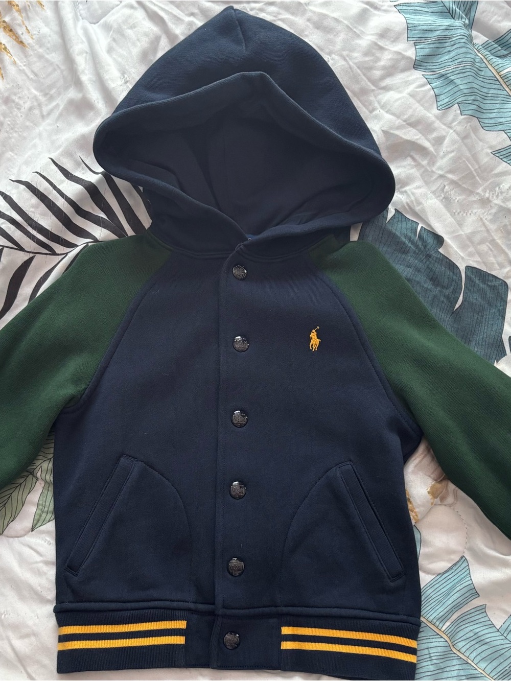 Polo by Ralph Lauren Navy Hooded Button-Front Sweatshirt with Green Sleeves